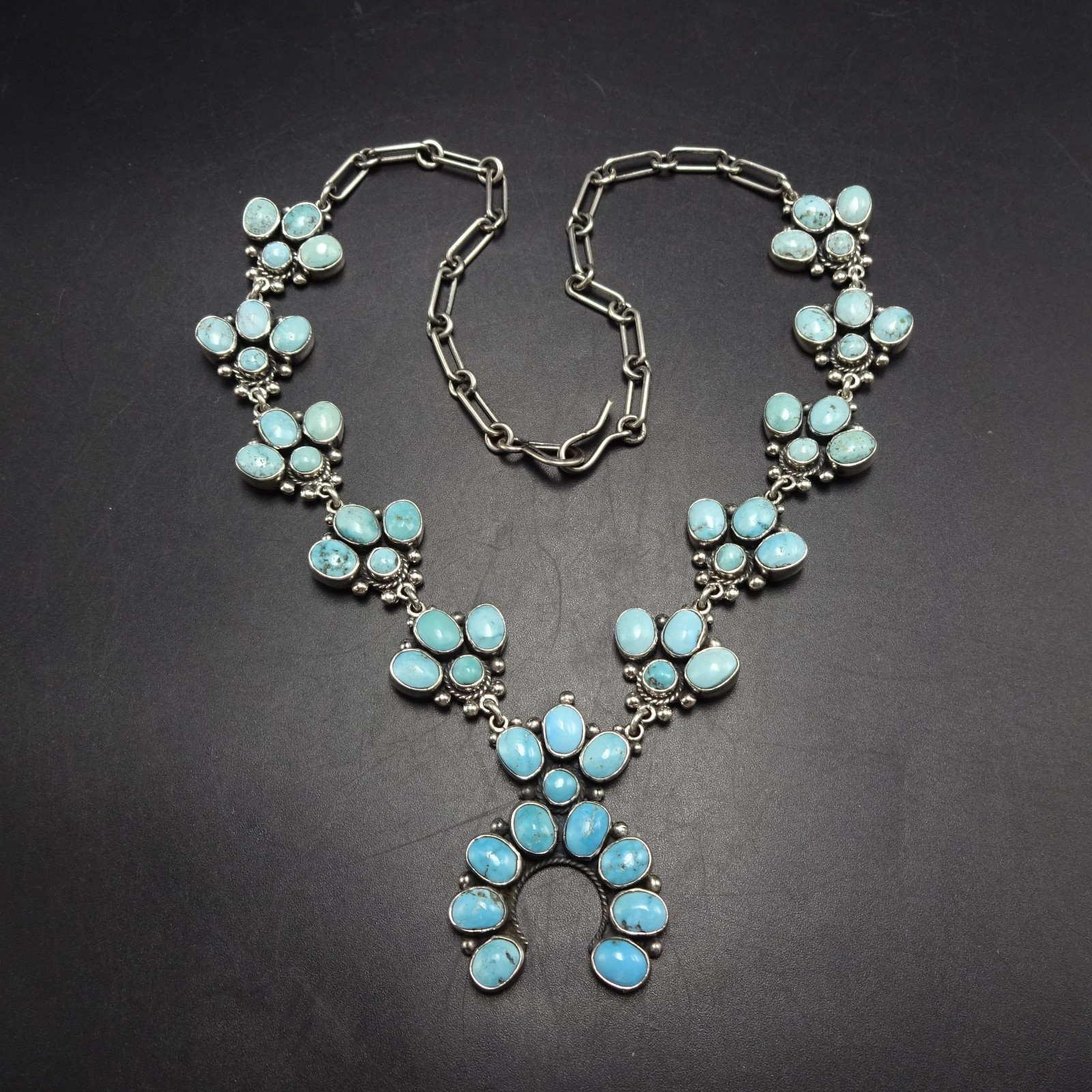 Diminutive FEDERICO JIMENEZ Sterling Silver TURQUOISE CLUSTER Squash Necklace