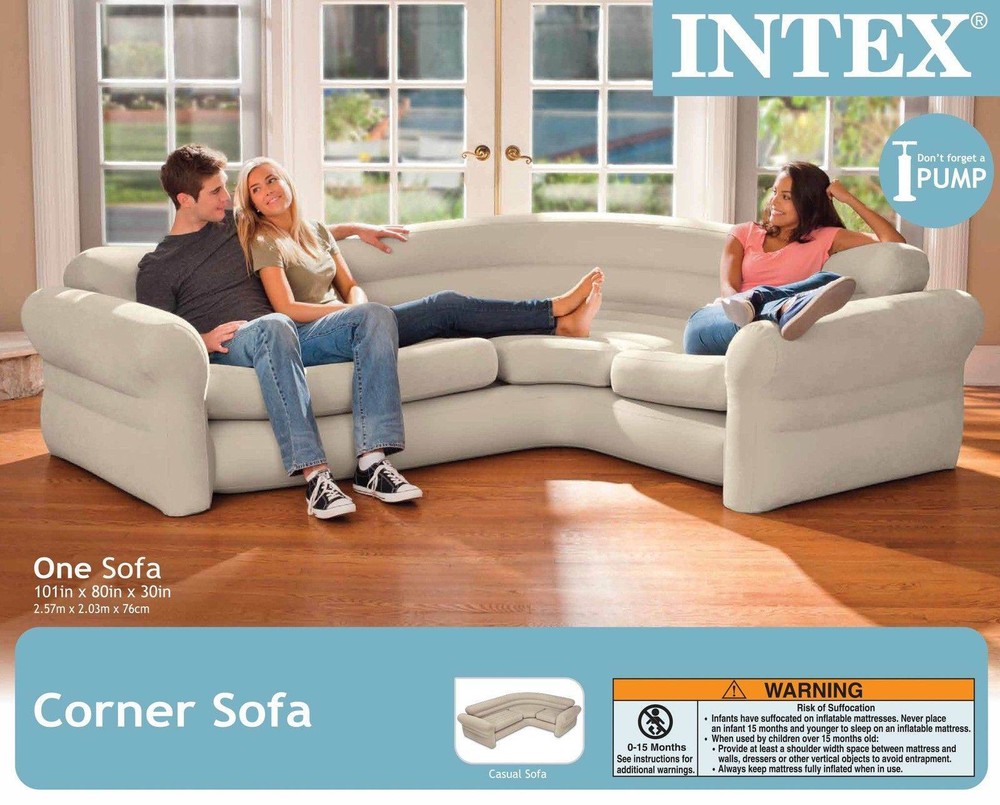 Intex Inflatable Corner Living Room Neutral Sectional Sofa & Lounge Chair Set