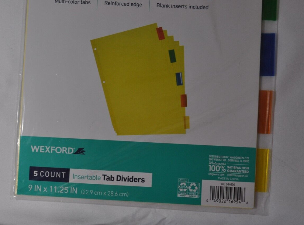 Wexford Multicolor 5-Pack Insertable Tab Dividers 9 x 11.25 Blank Inserts NEW