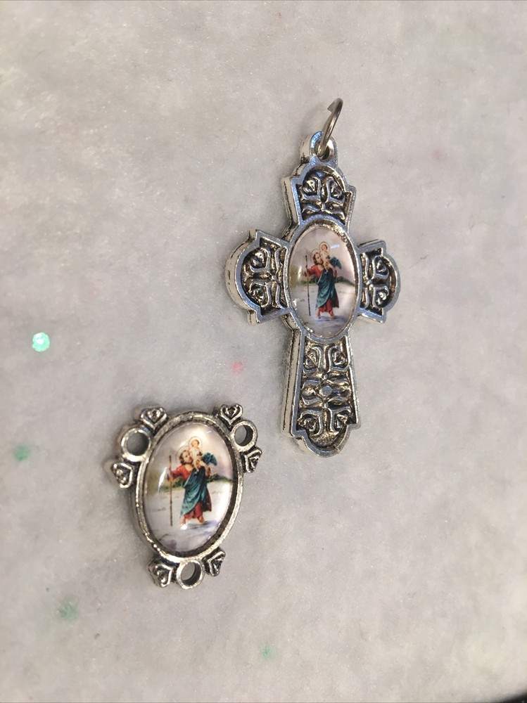 Saint Christopher Cross/Centerpiece Rosary Making Parts | Silver Tone