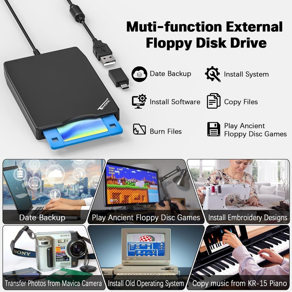 USB Floppy Disk Drive Portable 3.5 inch External Reader for Windows PCs Laptops