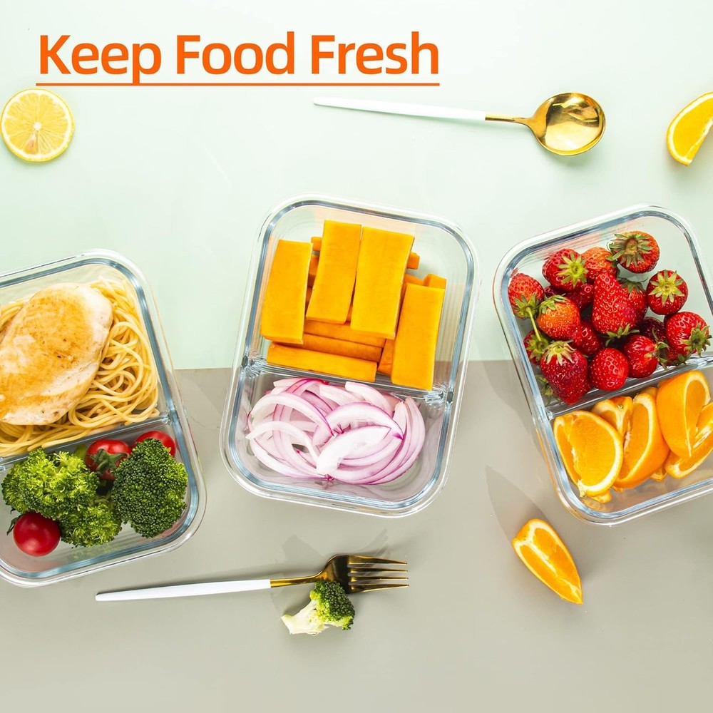 Glass Meal Prep Containers 2 Compartment with Lids (5 Mixed, 2