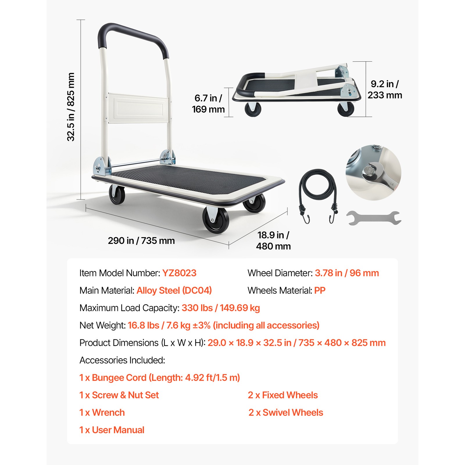 Uimoso Foldable Push Cart Dolly 330lbs Capacity with Wheels and Folding Platform