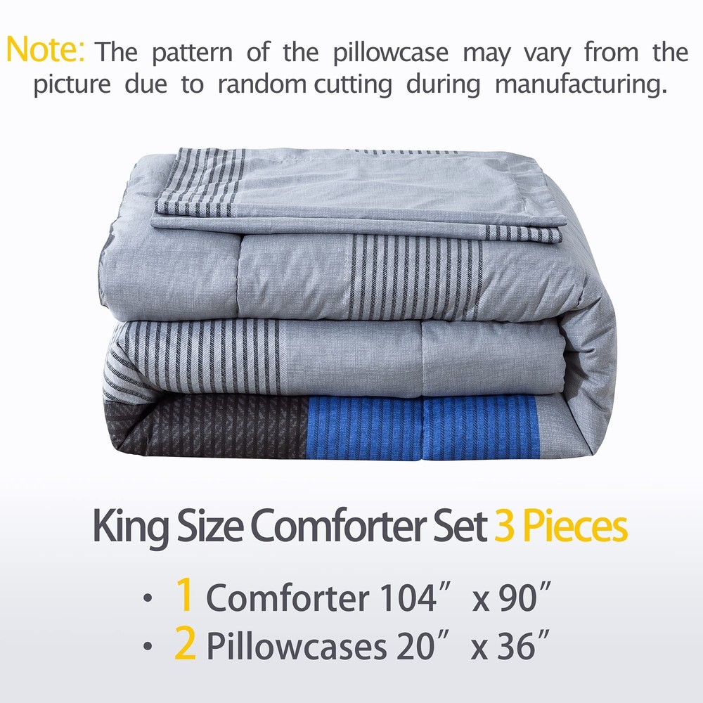 Andency Stripe Blue Comforter Set King Size, 3 Pieces Gray and Blue Patchwork...
