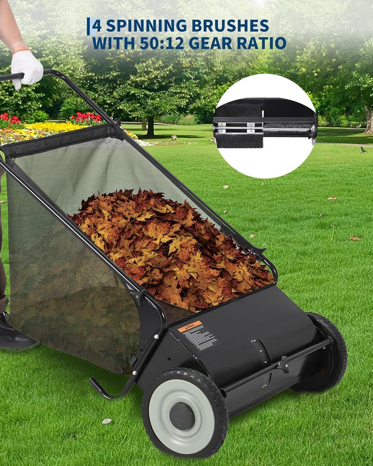 GRAVEE 26 Inch Push Lawn Sweeper 7 Cu Ft 4 Spinning Brush Adjustable Height