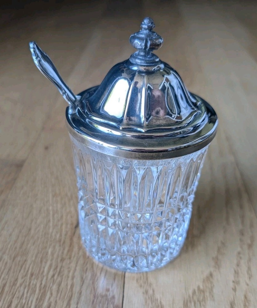 Vintage International Silver Plated Jelly Jar w/ Silver Plated Lid & Spoon Sugar