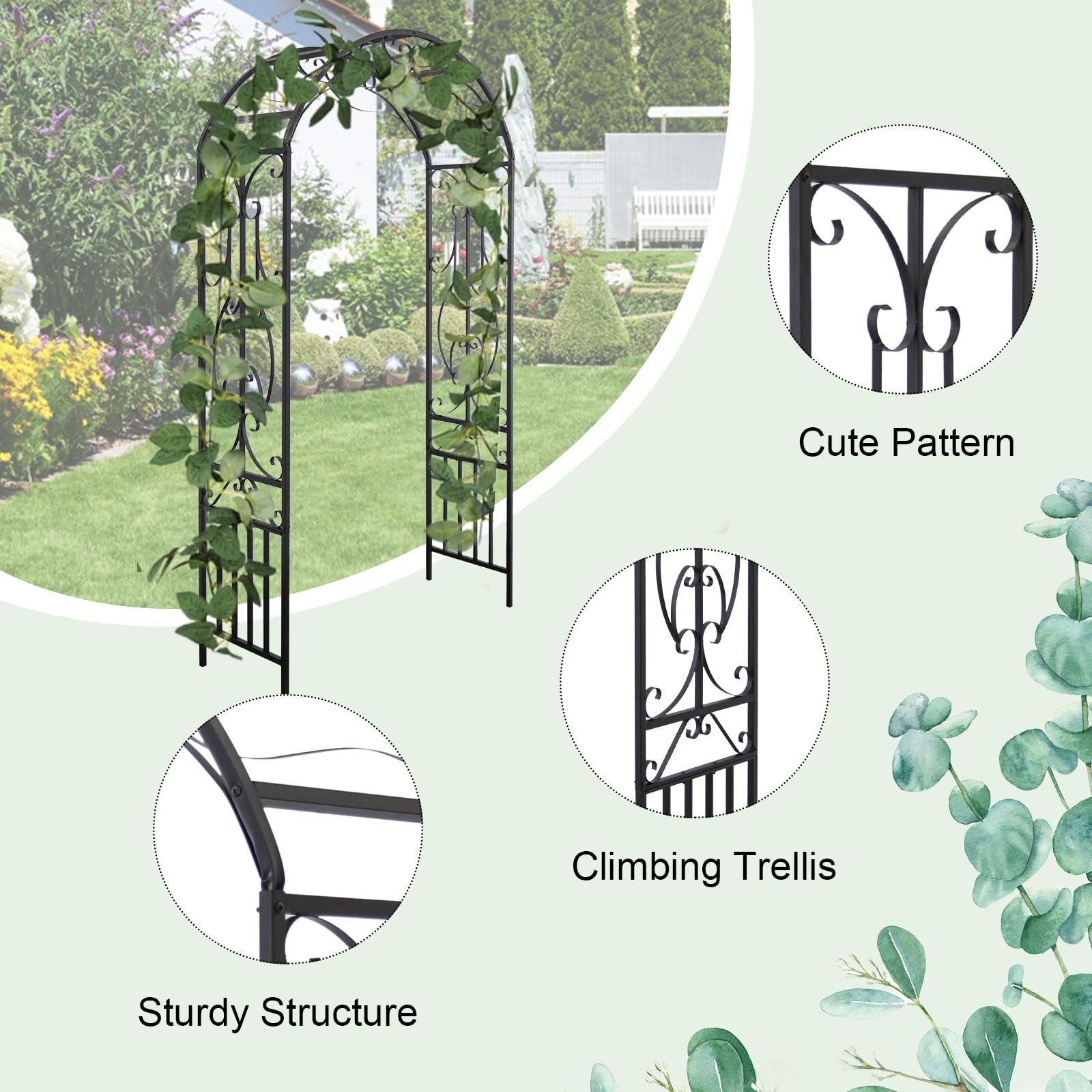 Garden Arch Trellis Outdoor Metal Arbor for Climbing Vines, Lawn and Backyard