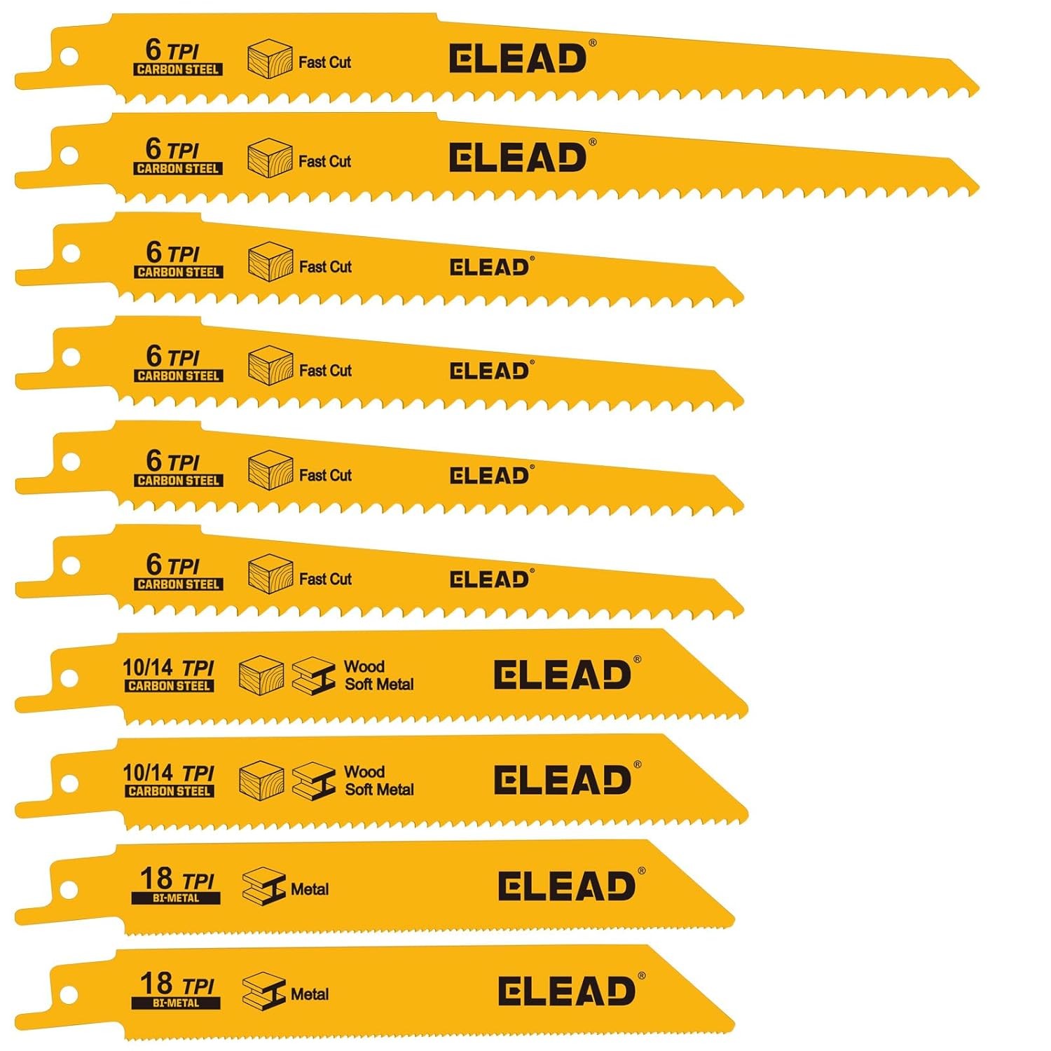 10-Piece Bi-Metal Reciprocating Saw Blade Set, Premium 6 & 8 Inch Wood & Metal C