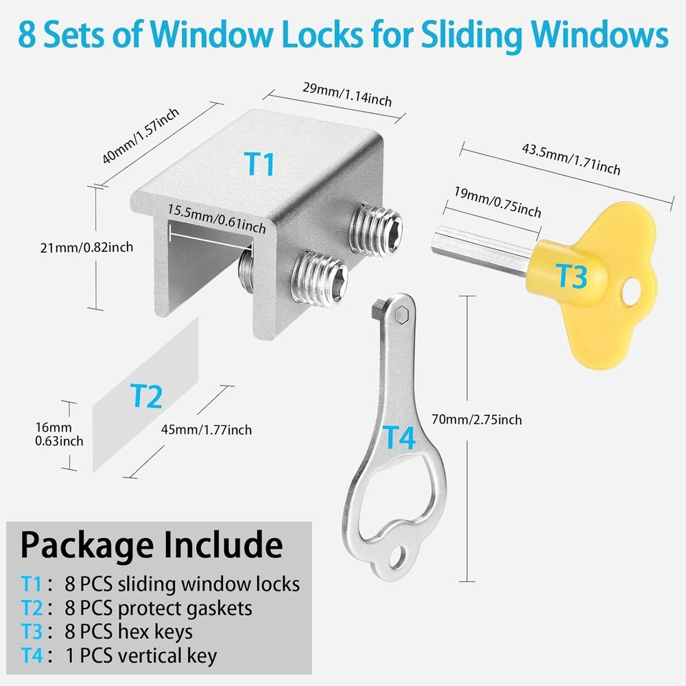 Easy Install 8 Pack Window Locks with Key - Safety Solution for Home & Office