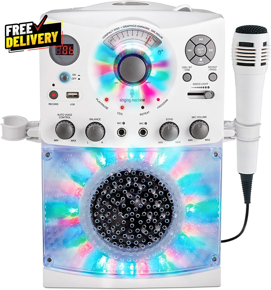Portable Karaoke Machine w/ Wired Mic Bluetooth LED Disco Lights CD+G USB White