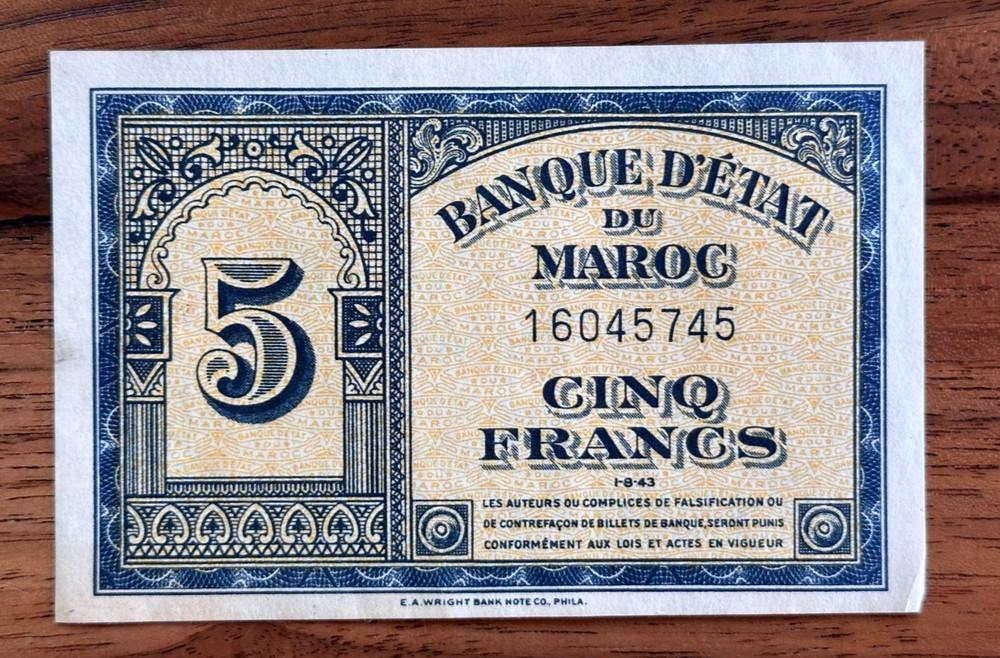 Morocco 5 Francs 1943 p-24a AU