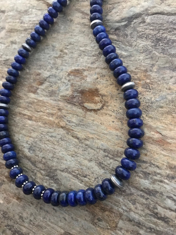 Sterling Silver Lapis Bead Necklace. 18.75 inch