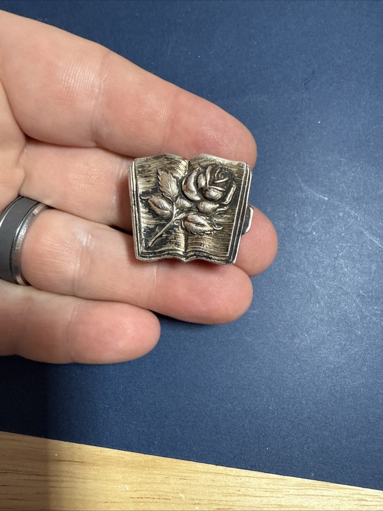 Vintage Solid Silver Book shape PillBox with rose , Snuff Box