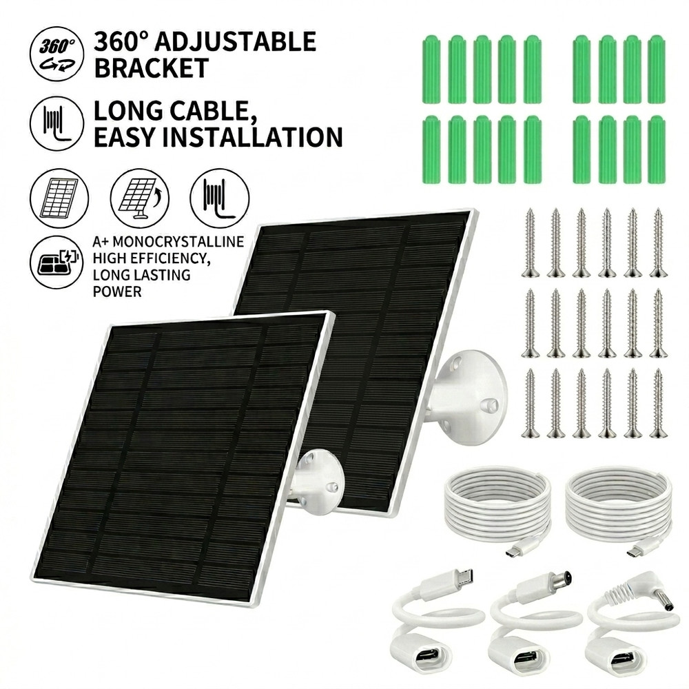 Solar Panel for Security Camera, 2 Pack 5W Solar Charger with Micro USB & USB-C