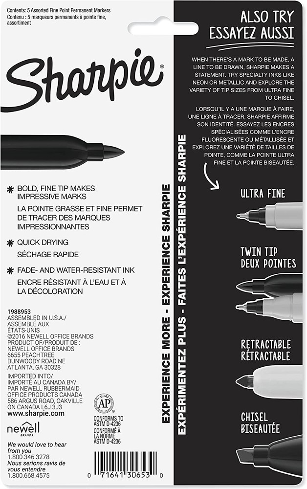 SHARPIE Permanent Markers, Fine Point, Assorted Colors, 5 Count 30653