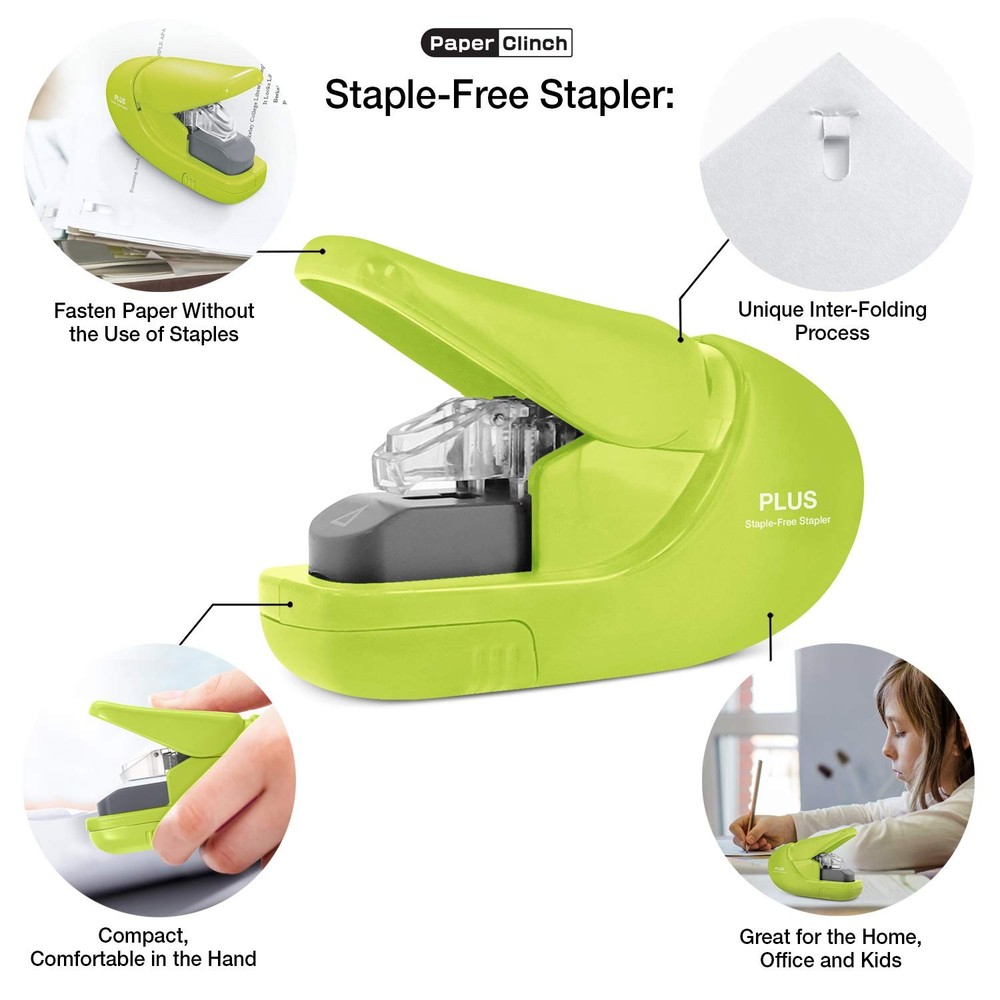 Plus Paper Clinch Compact Staple-Free Stapler, Green