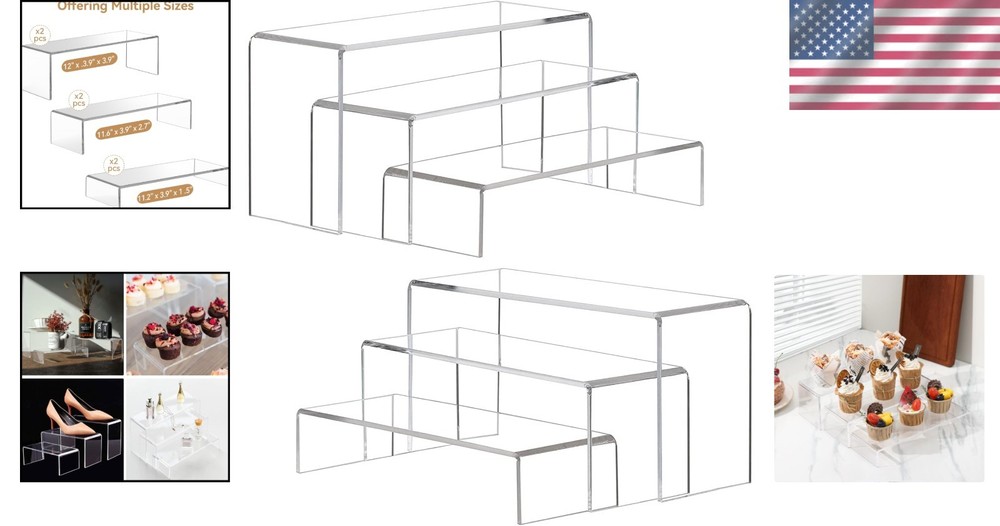 Large Acrylic Display Risers, 2 Sets(11.2”L~11.6”L~12”L) Clear Rectangular Showc