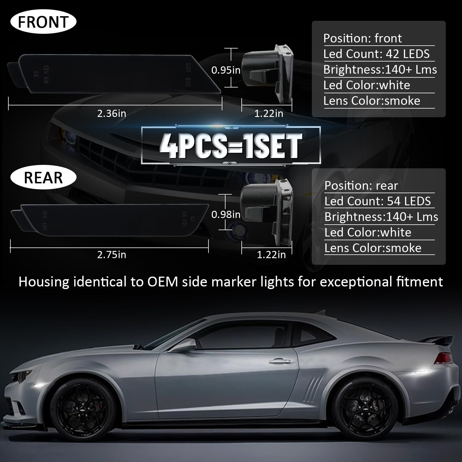 White Front Rear Fender Side Marker LED Lights Smoked For 2010-2015 Chevy Camaro