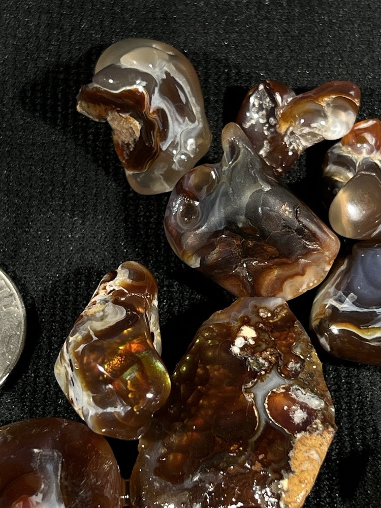 Fire Agate Polished 75.4 g 10 in lot Mexico, some fire/patterns, need work
