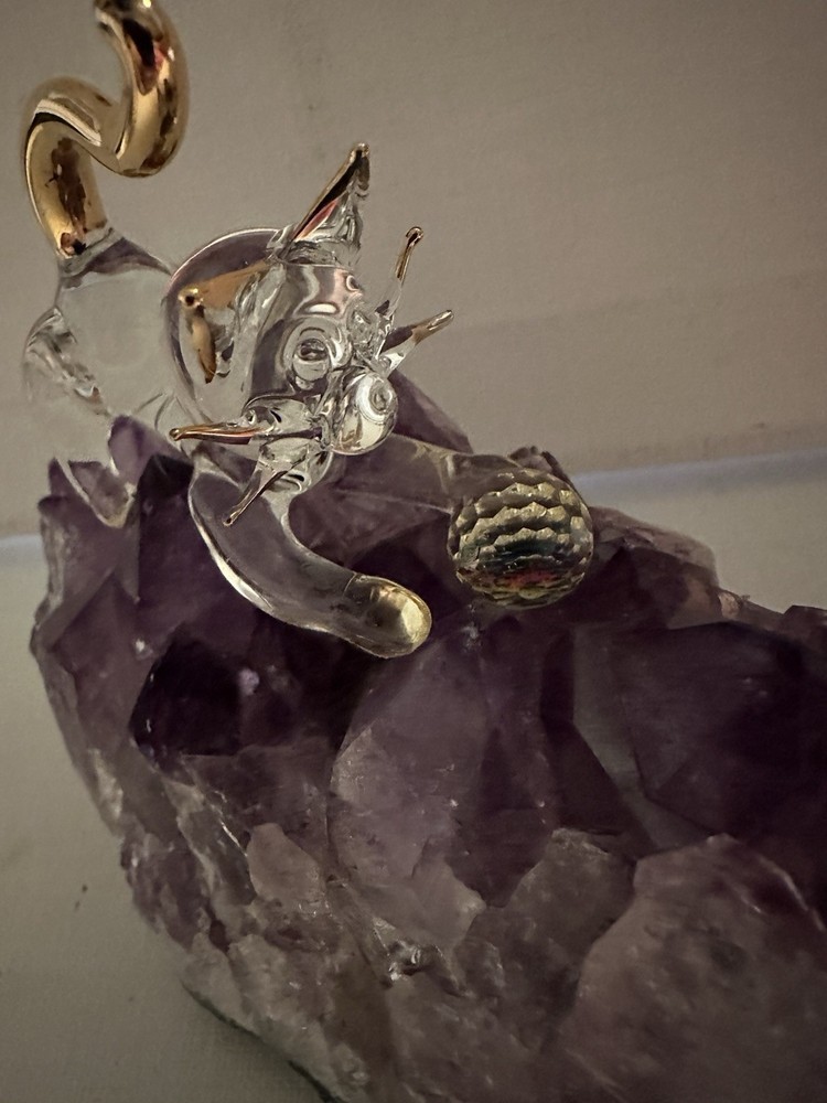 Cat With Rainbow Cut Ball On Amethyst Geode Stone