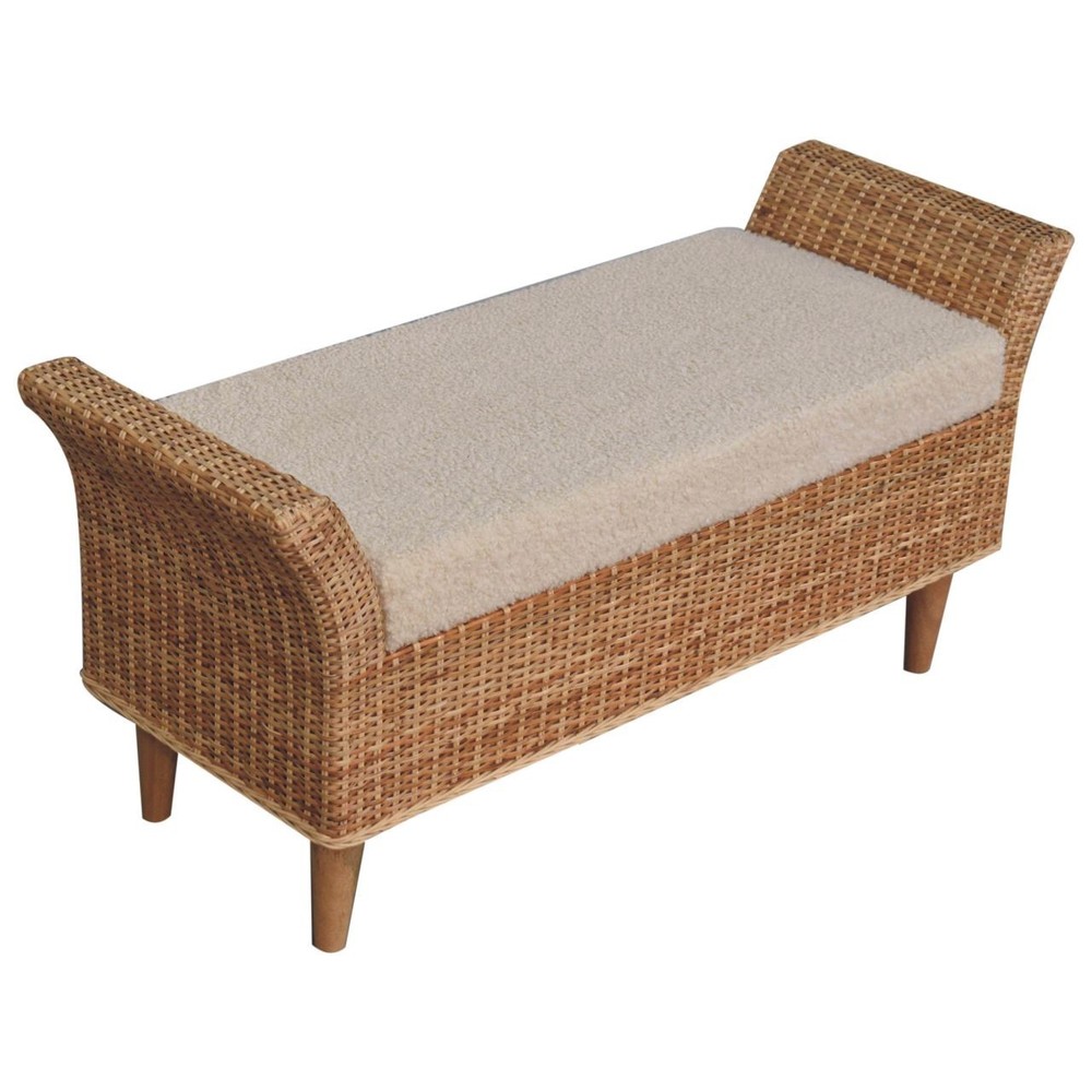 Rattan & Boucle Upholstered Bench