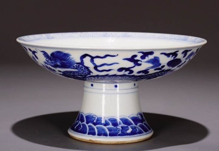 7.6'' Kangxi Marked Blue white Porcelain dragon loong beast Tray Dish Plate