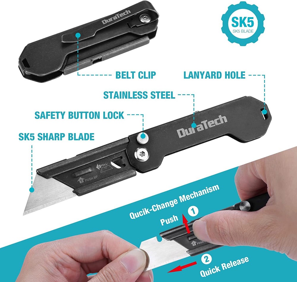 DURATECH Folding Pocket Utility Knife 2-Pack Set Stone Washed Quick Change Blade