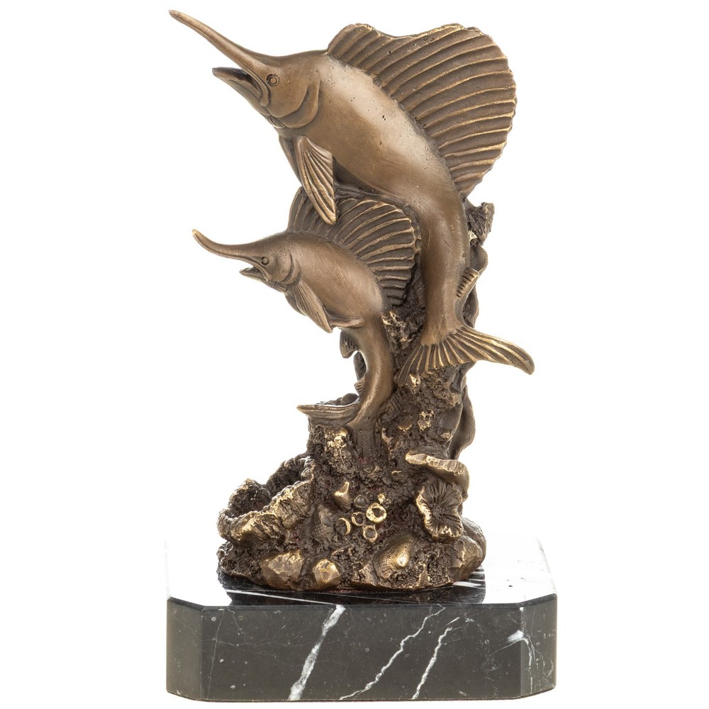 Bronze Sculpture Swordfish on Black Marble Base Signed