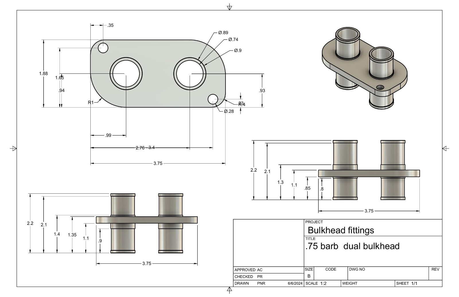Ice tank intercooler bulkhead fitting for 3/4" hoses