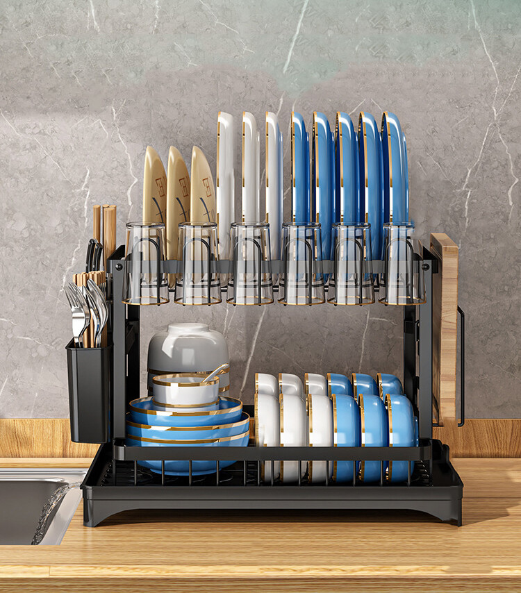 2-Tier Dish Drying Rack for Kitchen Countertop Detachable Double Layer Drain UK