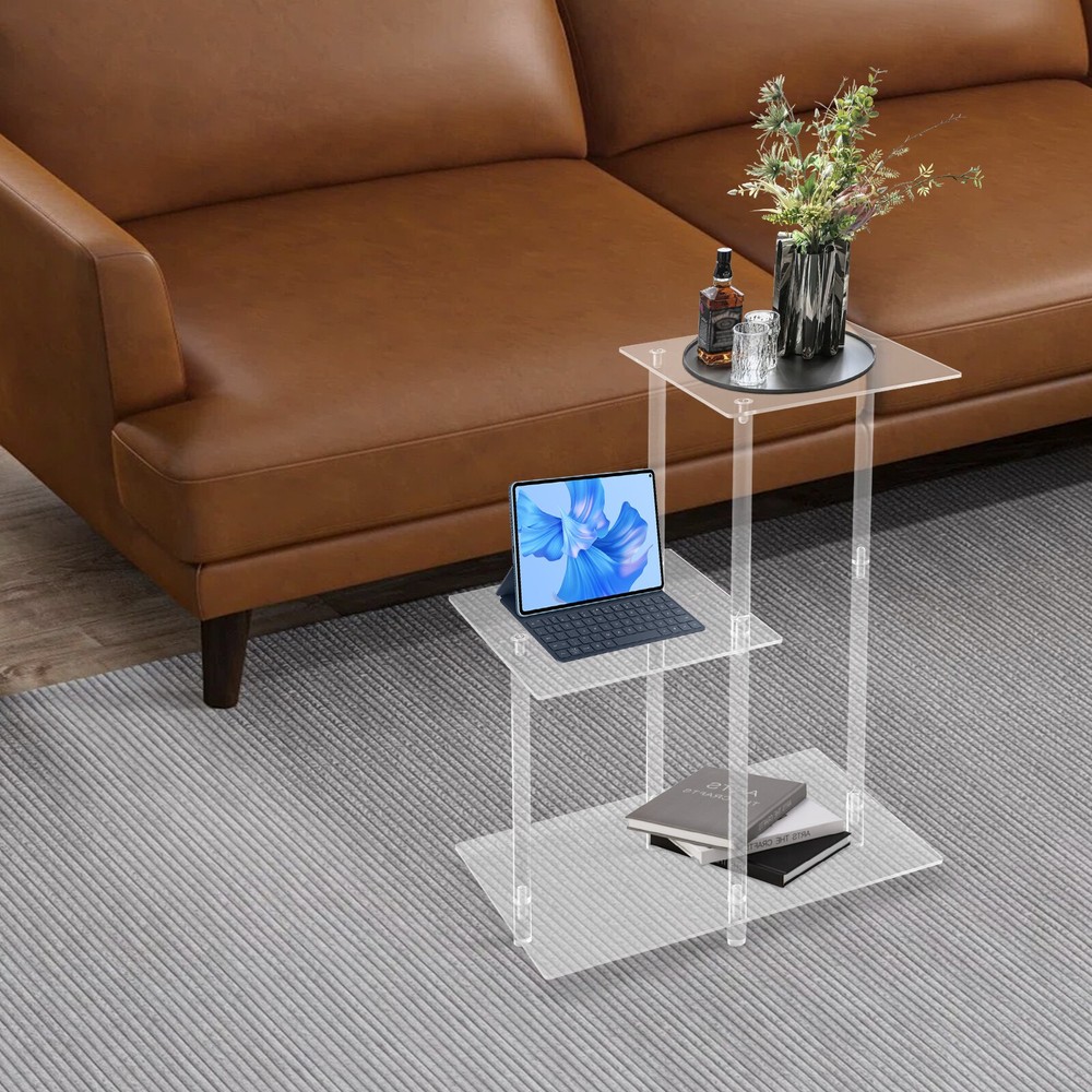 3-Tier Side Table Bedside Table with Open Storage Shelf Clear Side Square Table