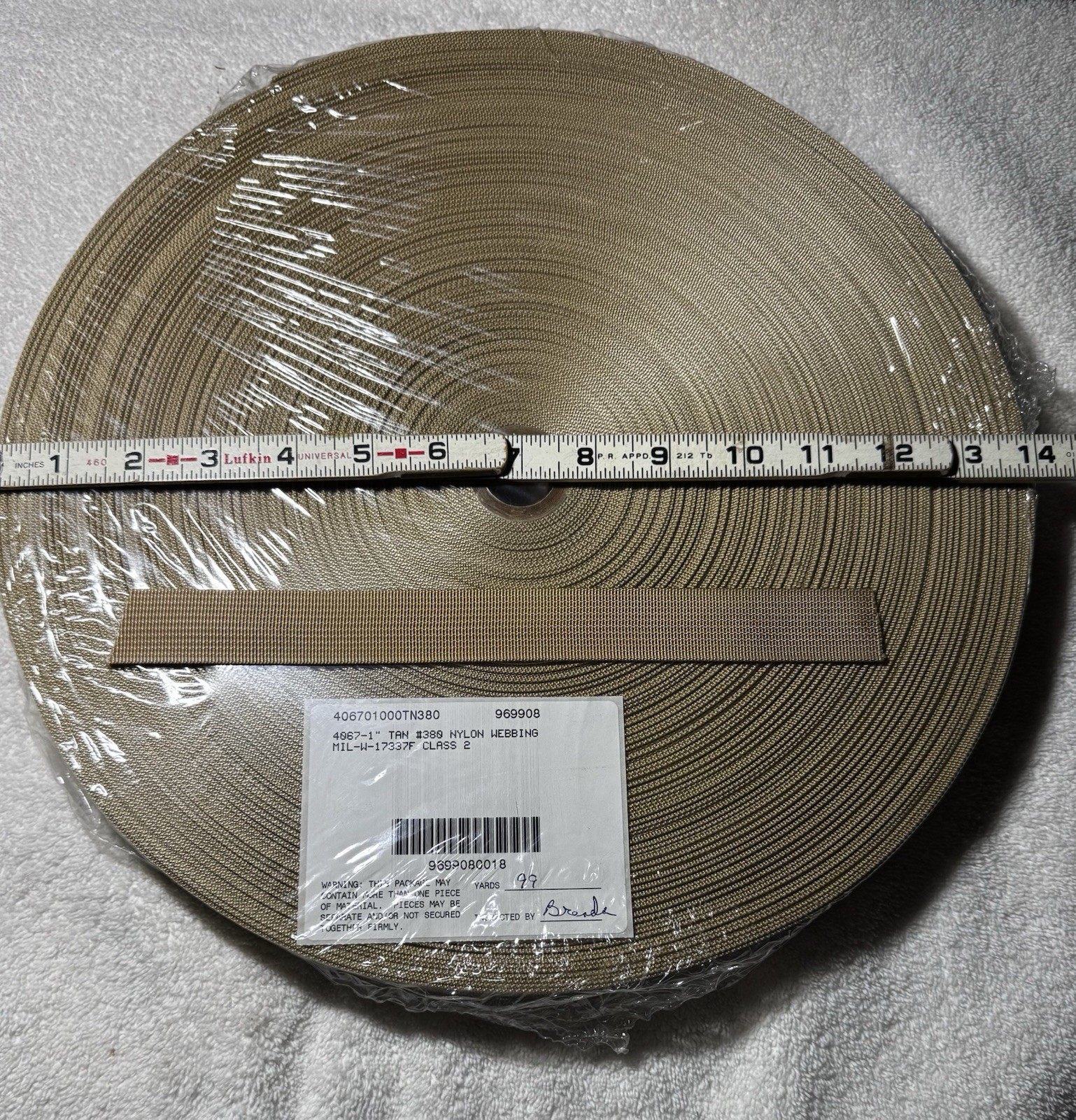 Military webbing 1" Nylon Tan Class 2 Mil Spec 1 mm thick 100 yard rolls.