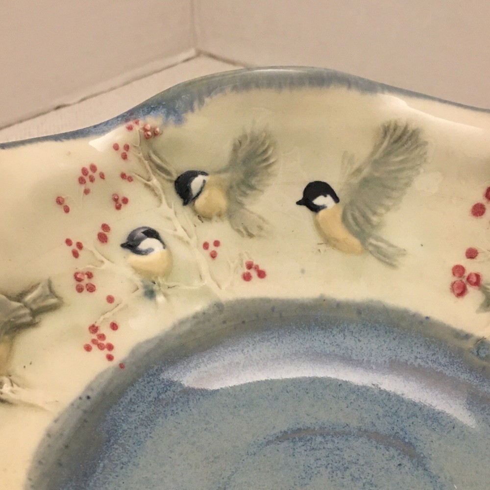 Jen Stein Art Pottery Bowl Decor Piece Chickadee Pattern