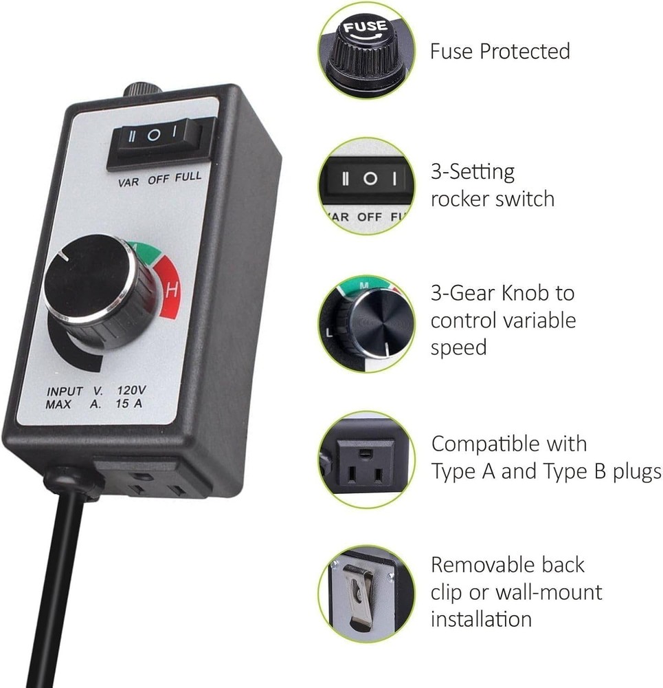 Advanced 120V AC Fan Speed Controller with 3 Settings & Overload Protection