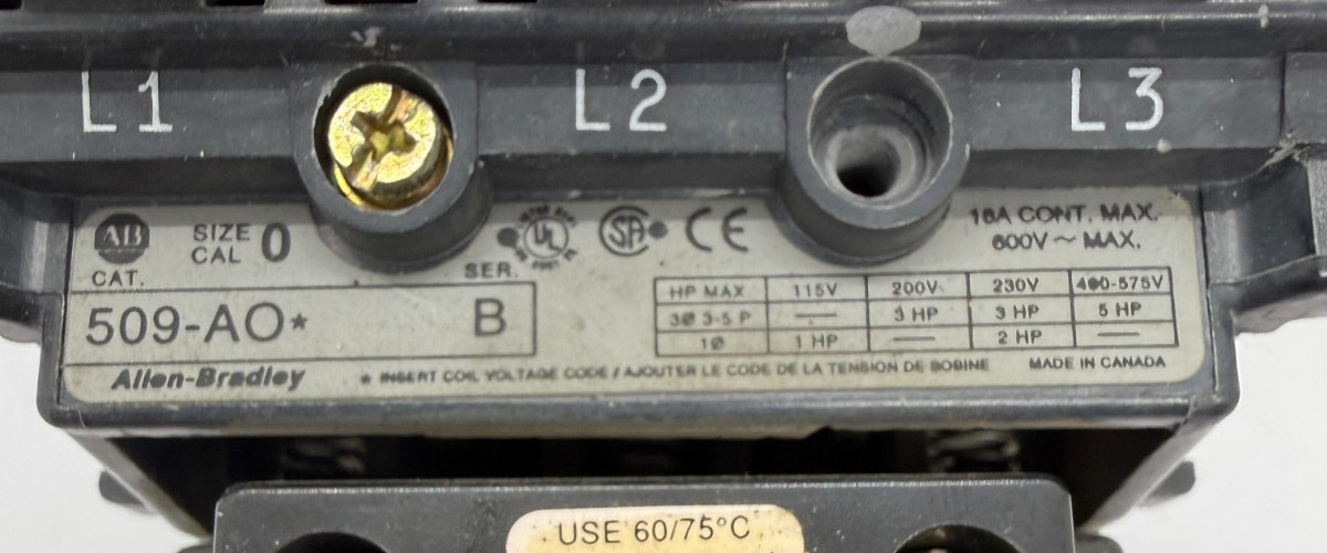 509-AOD Allen-Bradley Motor Starter Contactor 5 HP 600 VAC 18 amps. Size 0 (Z2)