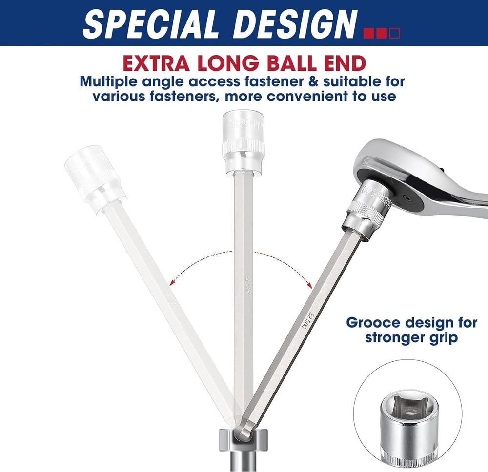 20Pc 3/8 Inch Drive Long Ball End Hex Bit Socket Set Extra Long Allen Socket Set