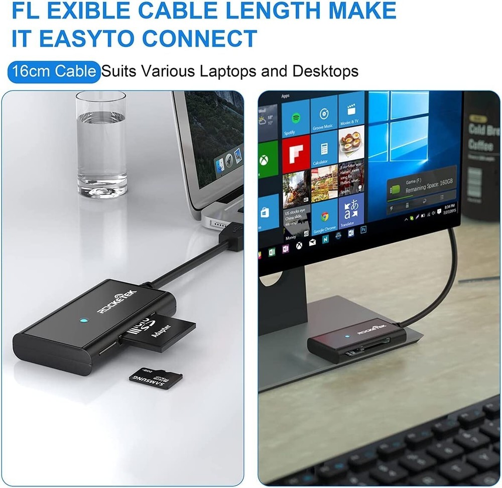 USB 3.0 SD Card Reader, Rocketek 4 Slots Memory Card Reader with a 13CM Flexible