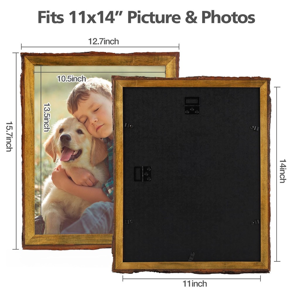 , 11x14 Picture Frame Rustic Brown, Solid Wood Picture Frame with Bark Edges ...