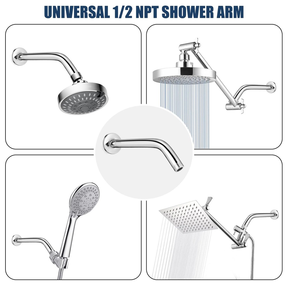 8 Inch Chrome Shower Arm with Flange - Adjustable Angle Extension Pipe