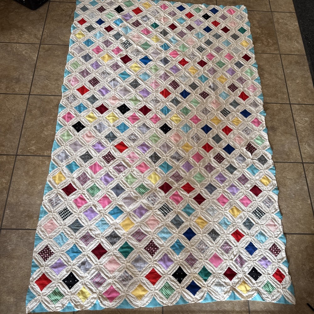 Vtg Cathedral Window Pattern Multicolored Quilt Handmade 80” X 49” Needs Work