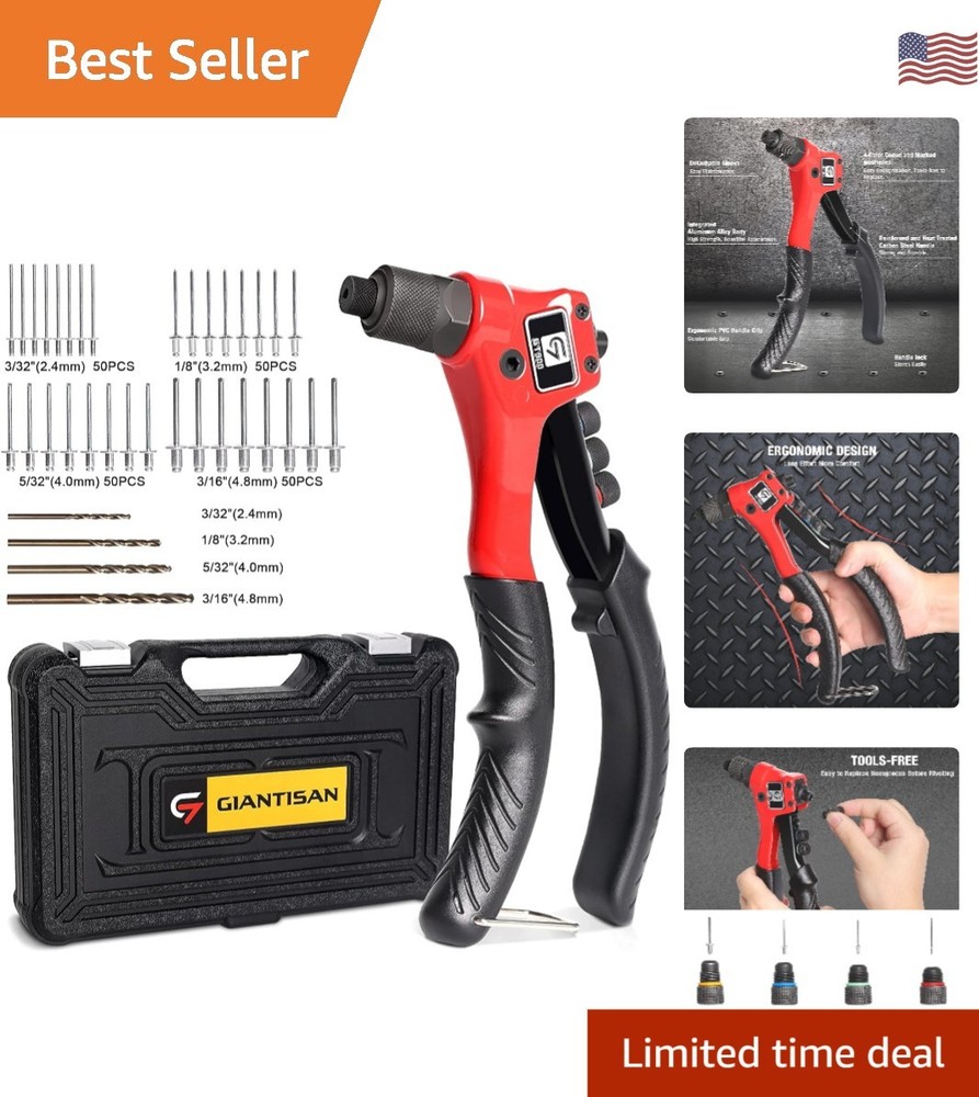 Versatile Pop Rivet Tool Kit: 200 Rivets, 4 Interchangeable Bits, & Carry Case