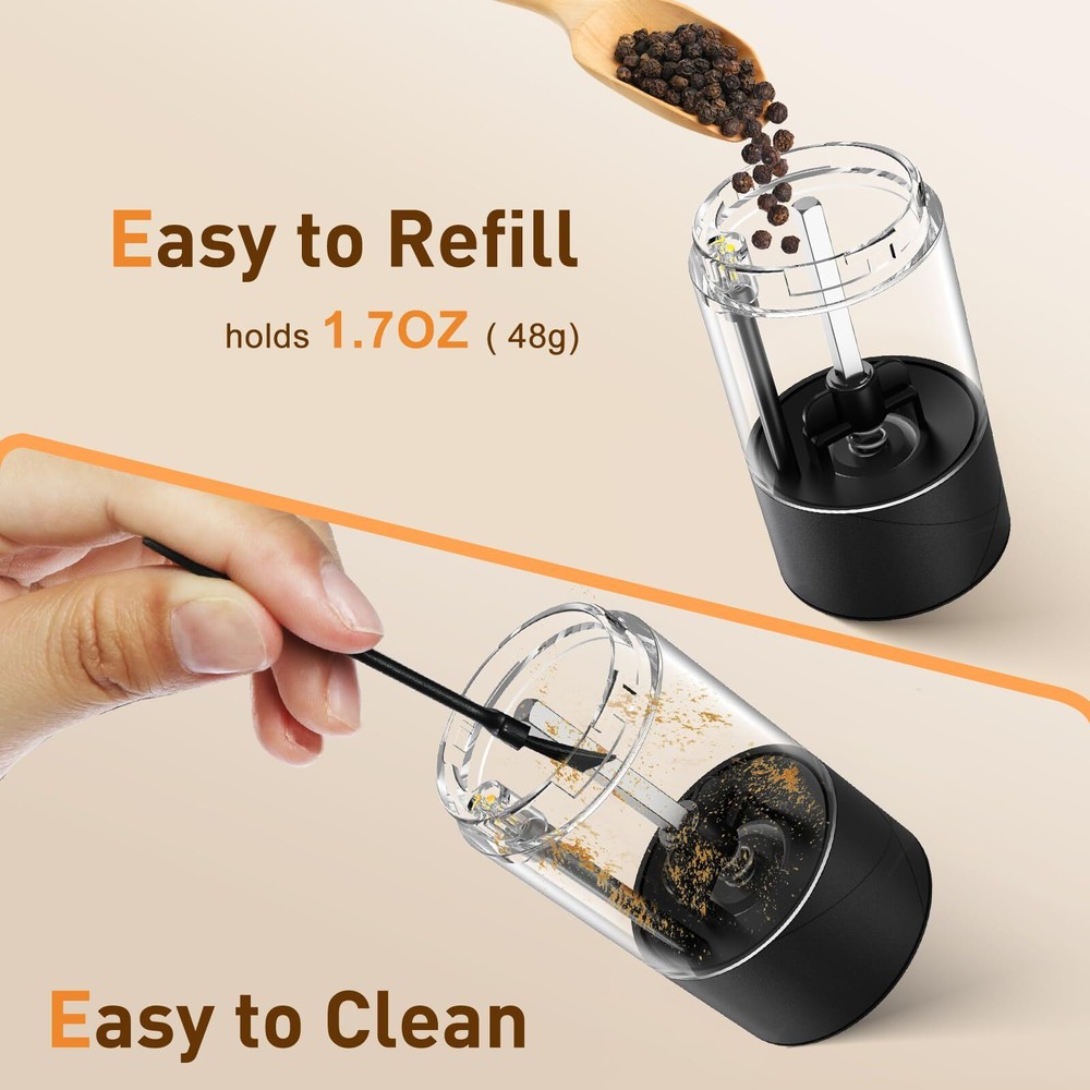 Rechargeable Salt & Pepper Grinders LED Light Adjustable One-Hand Use 2-Pack