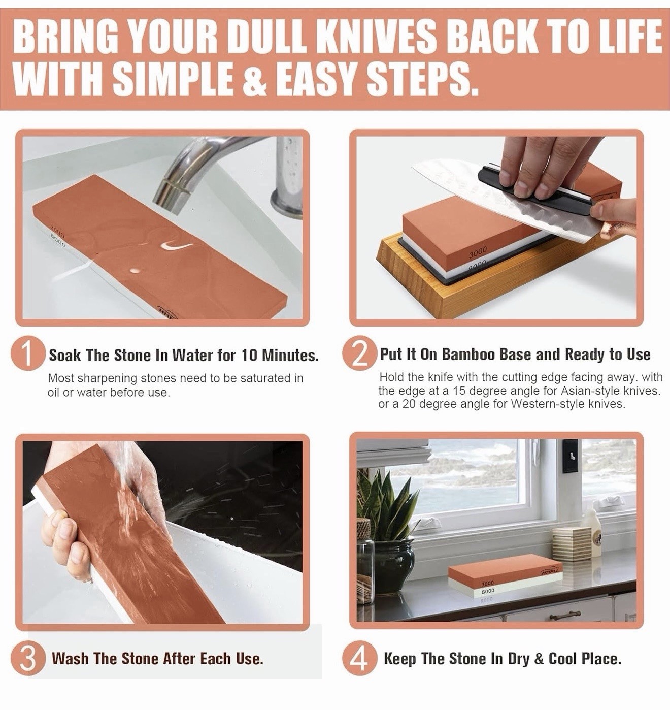 Knife Sharpening Stone Set, Professional 4 Side Grit 400/1000 3000/8000 Premi