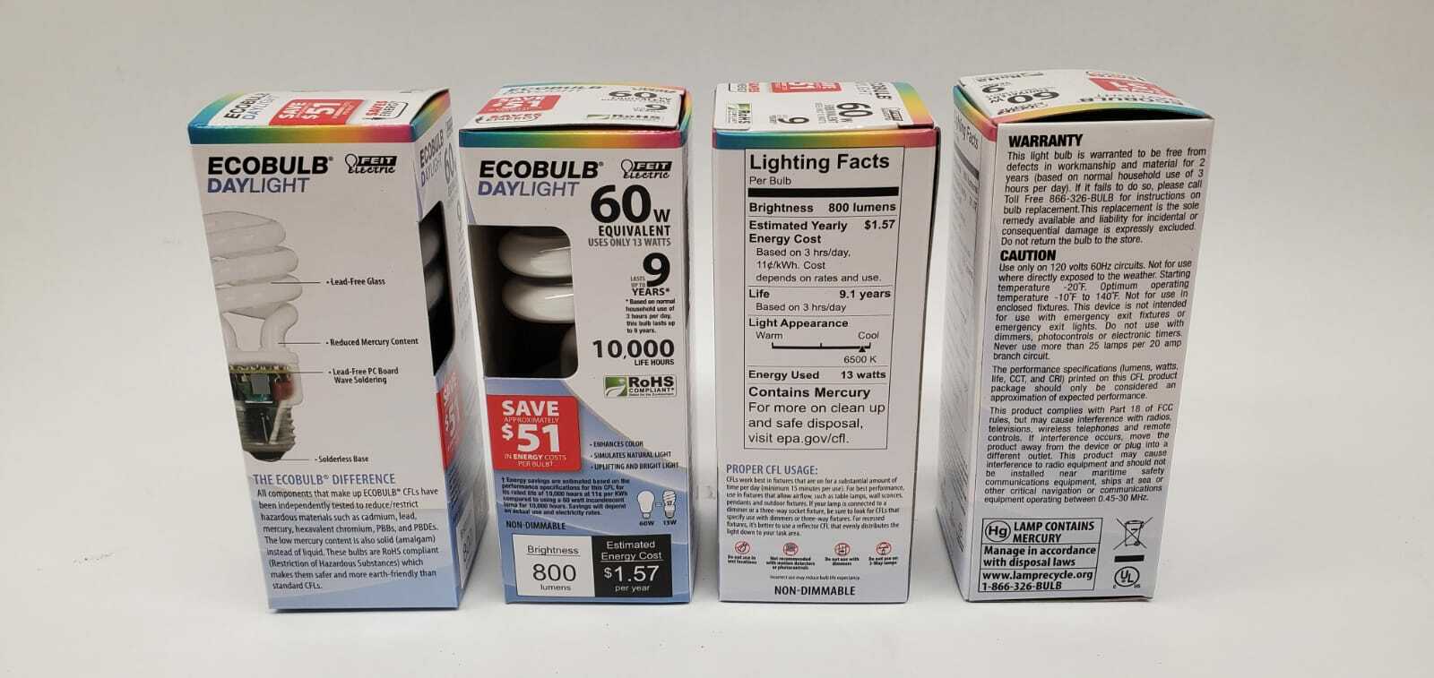 Feit Electric ESL13T/D 13 Watt Daylight Mini Twist Light Bulbs Lot of 4pcs