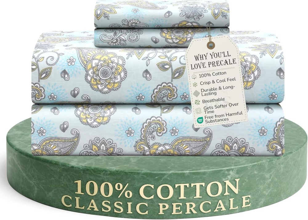 Feather & Stitch Softest 100% Cotton Sheets, 300 Thread Count Percale Weave B...