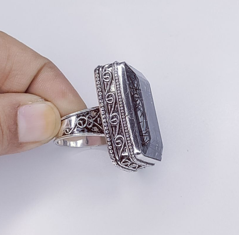 Black Rutialted Quartz Gemstone Handmade 925 Sterling Silver Jewelry Ring