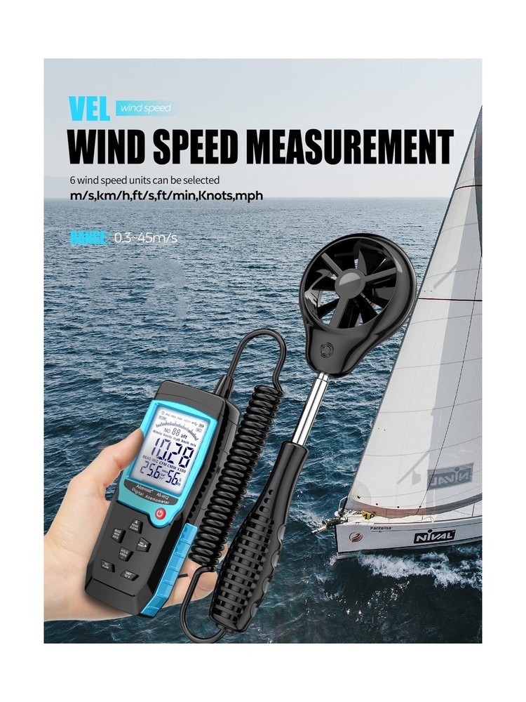 H12 Digital Anemometer Handheld Wind Speed Meter with Extended Wind Sensor, M...