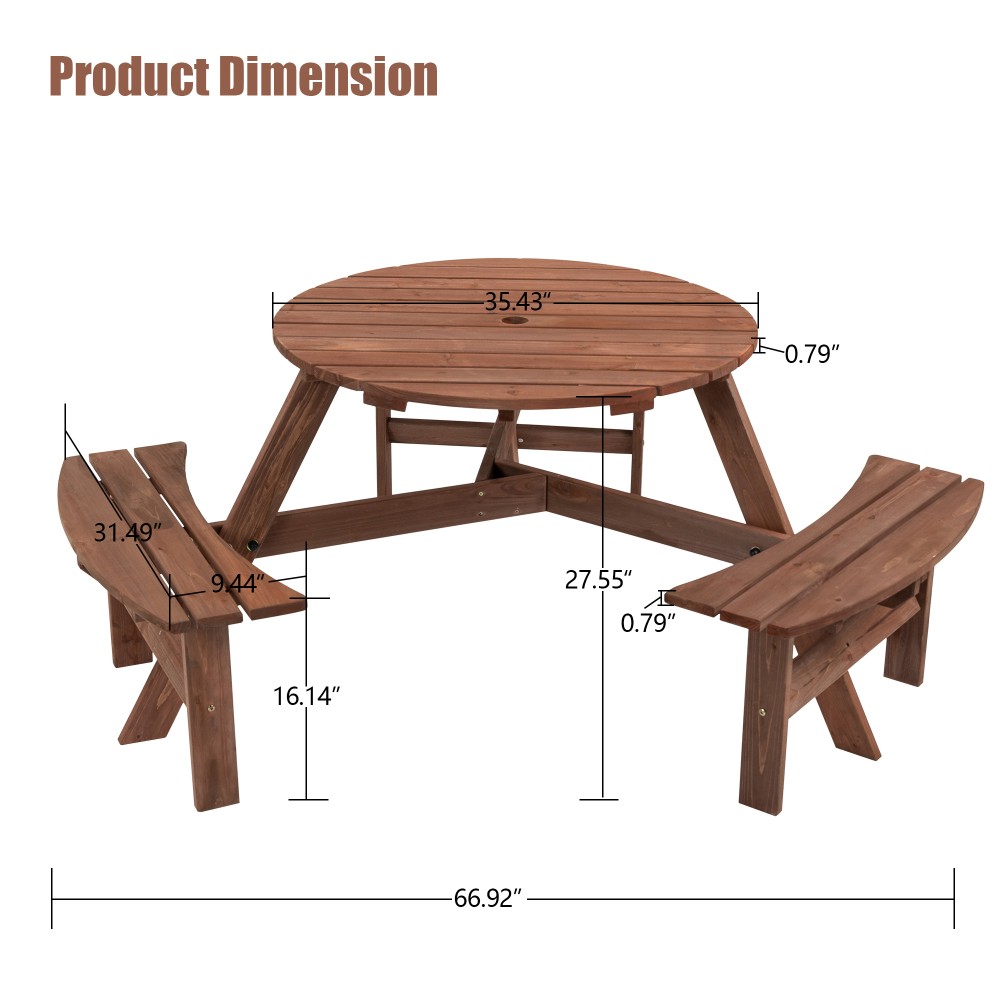 6-Person Outdoor Wooden Picnic Table w/ 3 Built-in Benches, 1720lb Capacity