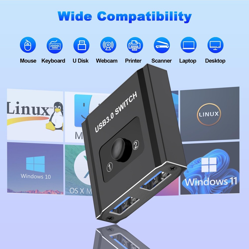 USB Switch Bi-Directional 1 in 2 Out USB Switcher 2 Computers Sharing KVM