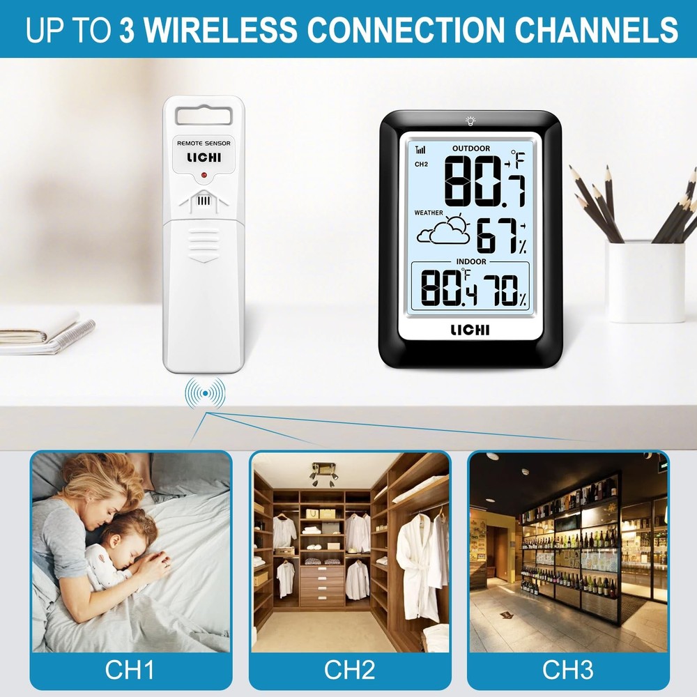 Wireless Indoor Outdoor Thermometer Hygrometer, 330ft Range, Backlight Display